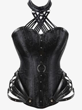 Black Satin Lace-Up Bustier Corset with Ring Detail